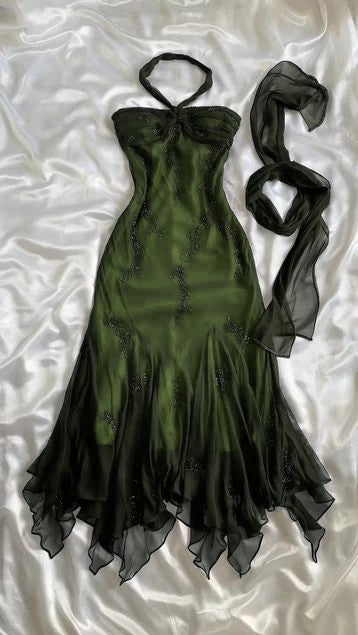 Vintage Blue Chiffon Prom Dress Long Elegant Beaded Prom Dress