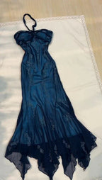 Vintage Blue Chiffon Prom Dress Long Elegant Beaded Prom Dress