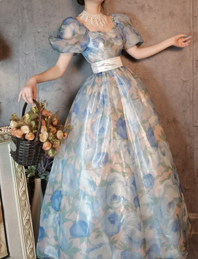 Vintage Blue Floral A-Line Square Neck Puff Sleeve Glossy Organza Long Formal Prom Dress Secondary image