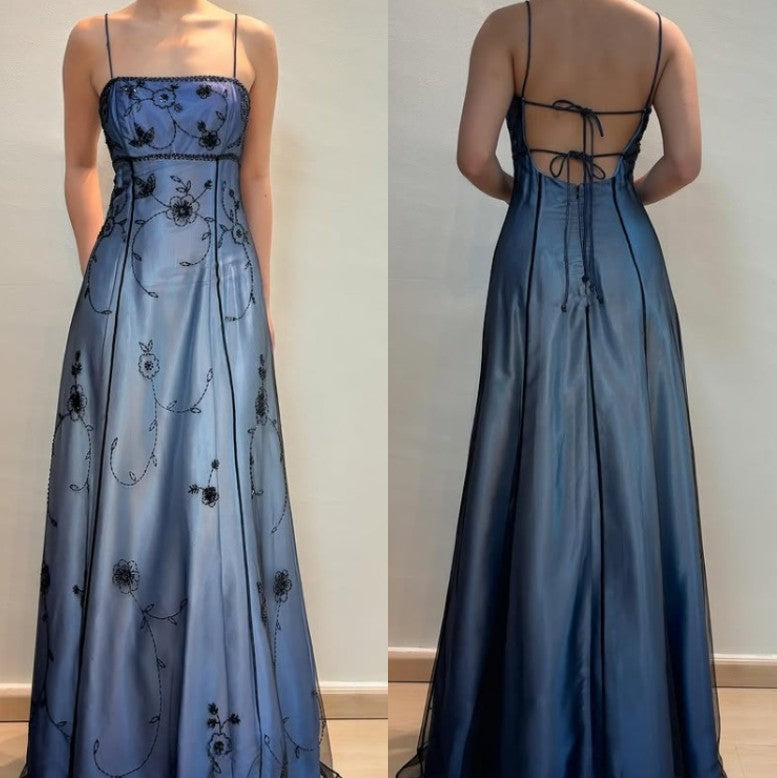 Vintage Blue Gradient Empire Prom Dress Backless Romantic Beaded Prom Dress Guest Dress Secondary image