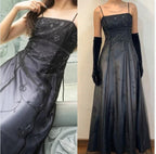 Vintage Blue Gradient Empire Prom Dress Backless Romantic Beaded Prom Dress Guest Dress