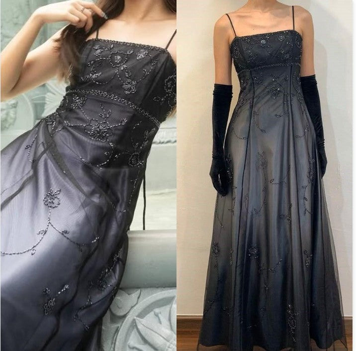 Vintage Blue Gradient Empire Prom Dress Backless Romantic Beaded Prom Dress Guest Dress