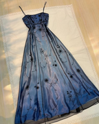 Vintage Blue Gradient Empire Prom Dress Backless Romantic Beaded Prom Dress Guest Dress