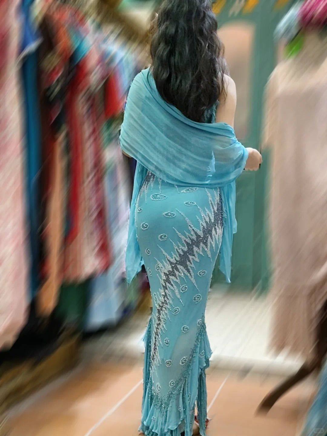 Vintage Blue Mermaid Halter-Neck Ruffled Beaded Chiffon Long Formal Prom Dress Secondary image