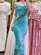 Vintage Blue Mermaid Halter-Neck Ruffled Beaded Chiffon Long Formal Prom Dress