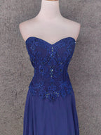 Vintage Blue Sweetheart Neck Embroidered Chiffon Long Formal Prom Dress