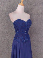 Vintage Blue Sweetheart Neck Embroidered Chiffon Long Formal Prom Dress
