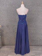 Vintage Blue Sweetheart Neck Embroidered Chiffon Long Formal Prom Dress