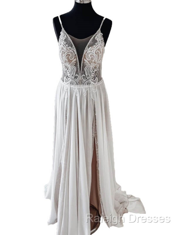 Vintage Boho V Neck Split Wedding Dresses Lace Embroidery