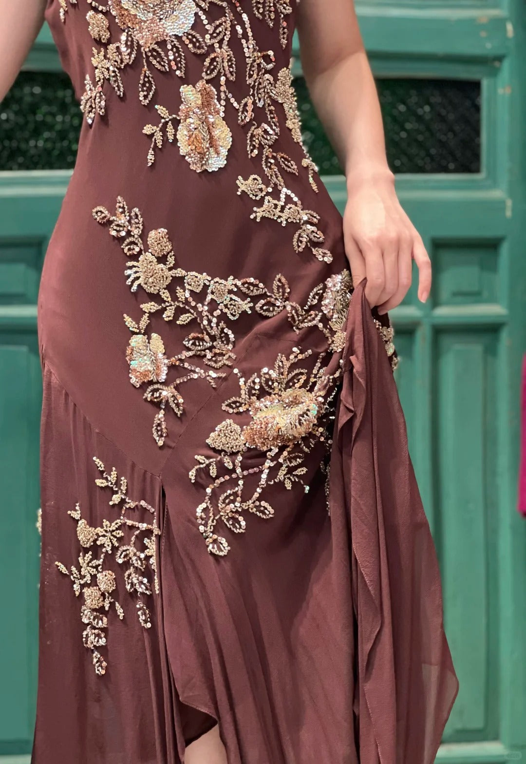 Vintage Brown Irregular Strap Beaded Sequined Formal Prom Dress