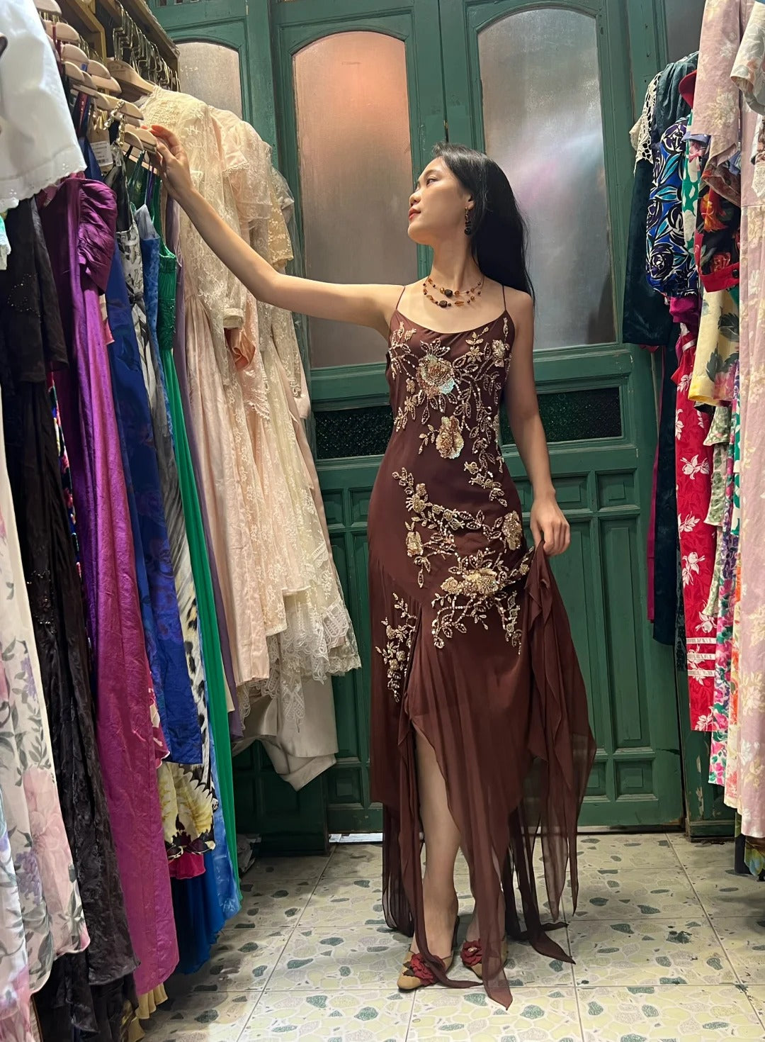 Vintage Brown Irregular Strap Beaded Sequined Formal Prom Dress Main image