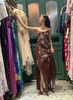 Vintage Brown Irregular Strap Beaded Sequined Formal Prom Dress