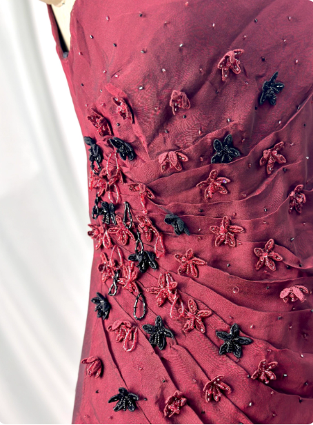 Vintage Burgundy 3D Beaded Flower Square Neck Chiffon Long Formal Prom Dress