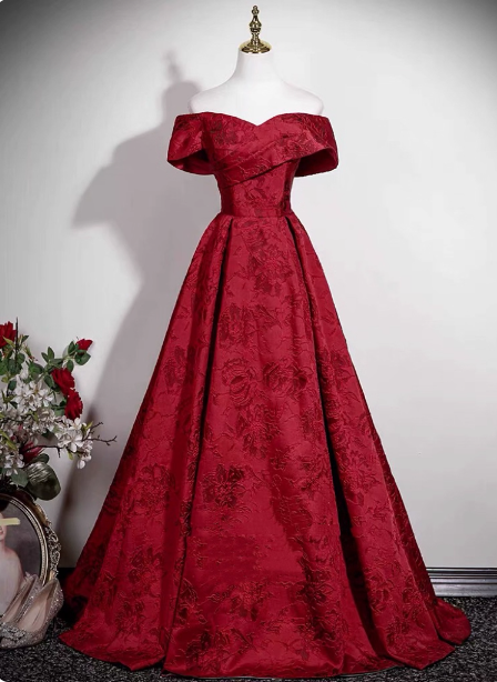 Vintage Burgundy A-Line Off-The-Shoulder Jacquard Satin Long Formal Prom Dress Secondary image