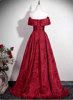 Vintage Burgundy A-Line Off-The-Shoulder Jacquard Satin Long Formal Prom Dress