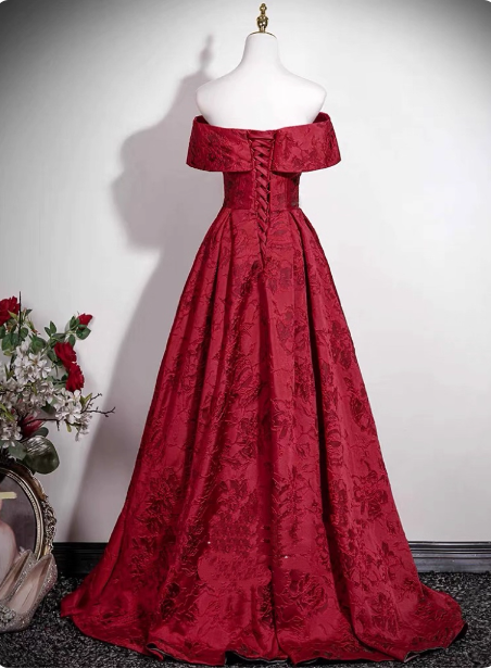 Vintage Burgundy A-Line Off-The-Shoulder Jacquard Satin Long Formal Prom Dress