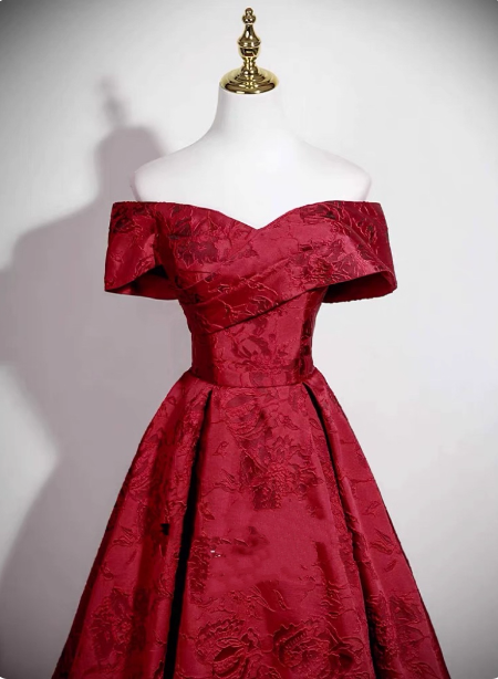 Vintage Burgundy A-Line Off-The-Shoulder Jacquard Satin Long Formal Prom Dress