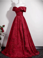 Vintage Burgundy A-Line Off-The-Shoulder Jacquard Satin Long Formal Prom Dress