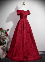 Vintage Burgundy A-Line Off-The-Shoulder Jacquard Satin Long Formal Prom Dress