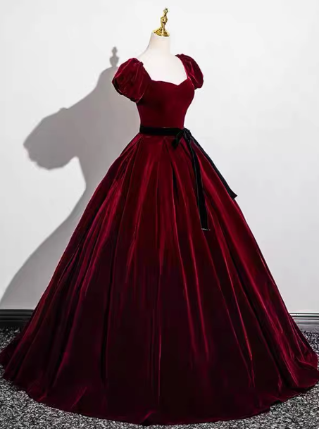 Vintage Burgundy A-Line Puff Sleeve Velvet Long Formal Prom Dress