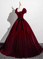 Vintage Burgundy A-Line Puff Sleeve Velvet Long Formal Prom Dress