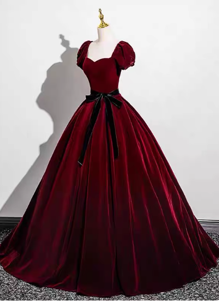 Vintage Burgundy A-Line Puff Sleeve Velvet Long Formal Prom Dress