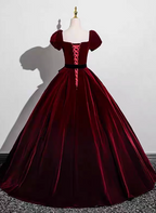 Vintage Burgundy A-Line Puff Sleeve Velvet Long Formal Prom Dress