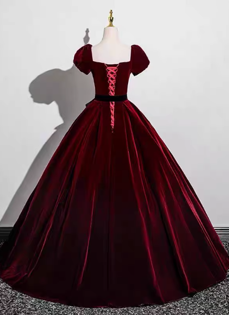 Vintage Burgundy A-Line Puff Sleeve Velvet Long Formal Prom Dress