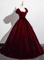 Vintage Burgundy A-Line Puff Sleeve Velvet Long Formal Prom Dress