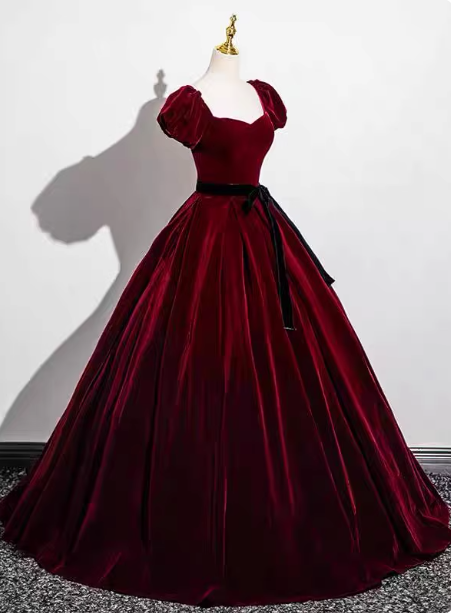 Vintage Burgundy A-Line Puff Sleeve Velvet Long Formal Prom Dress