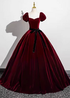 Vintage Burgundy A-Line Puff Sleeve Velvet Long Formal Prom Dress