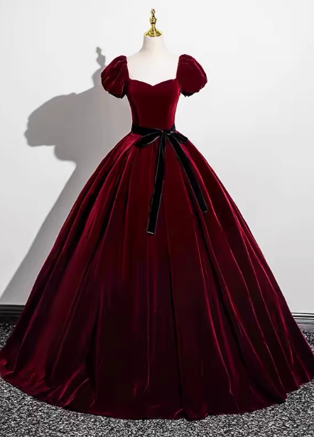 Vintage Burgundy A-Line Puff Sleeve Velvet Long Formal Prom Dress
