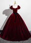 Vintage Burgundy A-Line Puff Sleeve Velvet Long Formal Prom Dress
