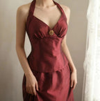 Vintage Burgundy Halter Neck Mermaid Satin Long Formal Prom Dress