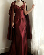 Vintage Burgundy Halter Neck Mermaid Satin Long Formal Prom Dress
