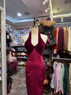 Vintage Burgundy Halter Neck Velvet Satin Long Formal Prom Dress