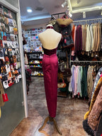 Vintage Burgundy Halter Neck Velvet Satin Long Formal Prom Dress