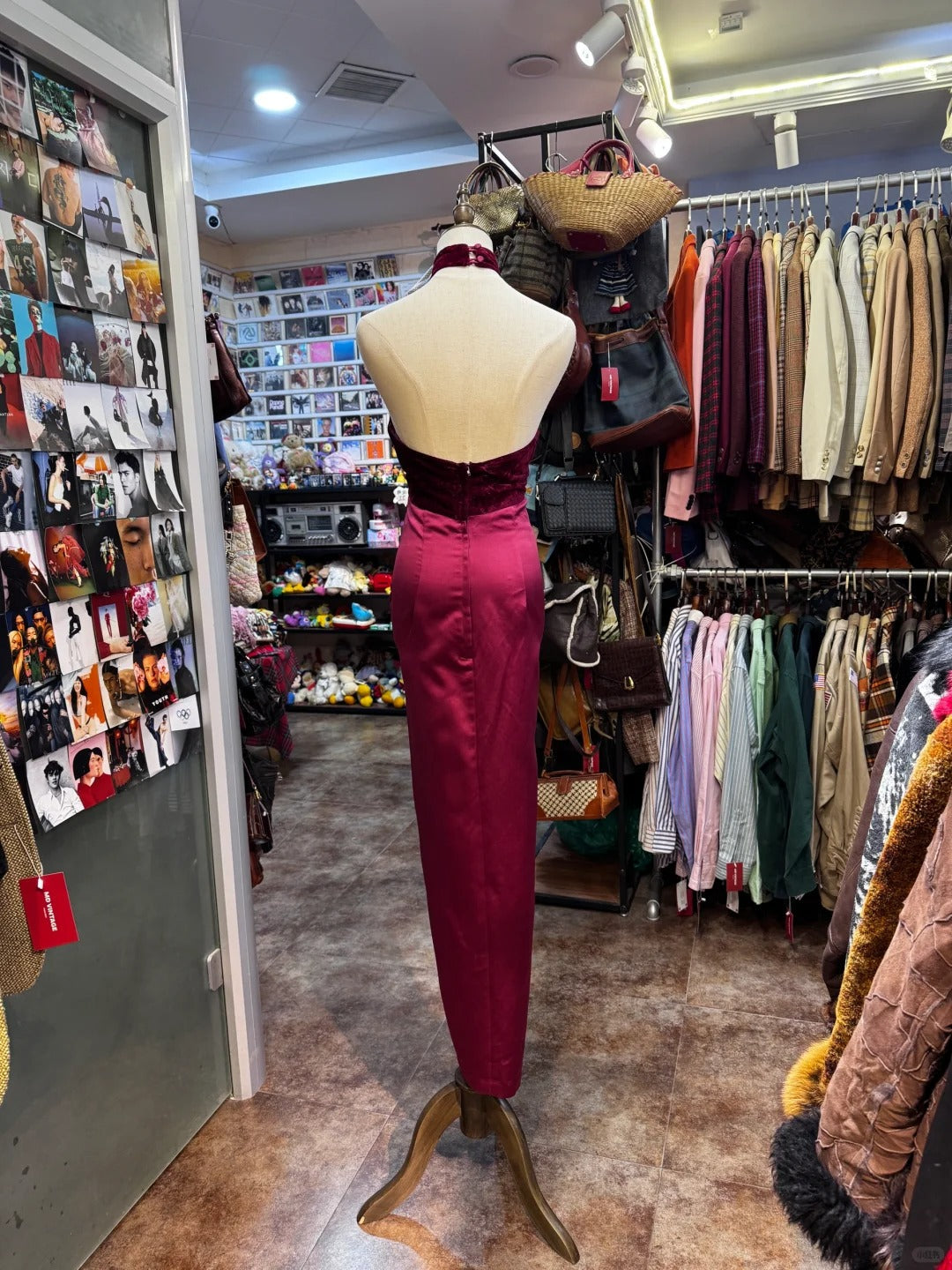 Vintage Burgundy Halter Neck Velvet Satin Long Formal Prom Dress
