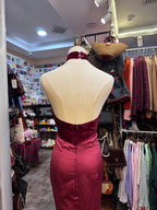 Vintage Burgundy Halter Neck Velvet Satin Long Formal Prom Dress