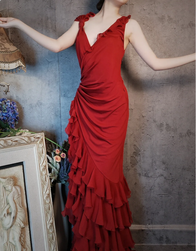 Vintage Burgundy Mermaid Deep V-Neck Layered Ruffle Chiffon Long Formal Prom Dress