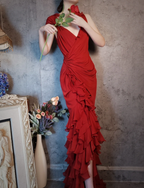 Vintage Burgundy Mermaid Deep V-Neck Layered Ruffle Chiffon Long Formal Prom Dress