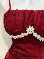 Vintage Burgundy Mermaid Spaghetti Strap Ruffle Velvet Formal Prom Dress