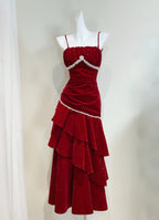 Vintage Burgundy Mermaid Spaghetti Strap Ruffle Velvet Formal Prom Dress
