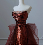 Vintage Burgundy Mermaid Strapless Tulle Sequined Train Formal Prom Dress