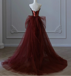 Vintage Burgundy Mermaid Strapless Tulle Sequined Train Formal Prom Dress