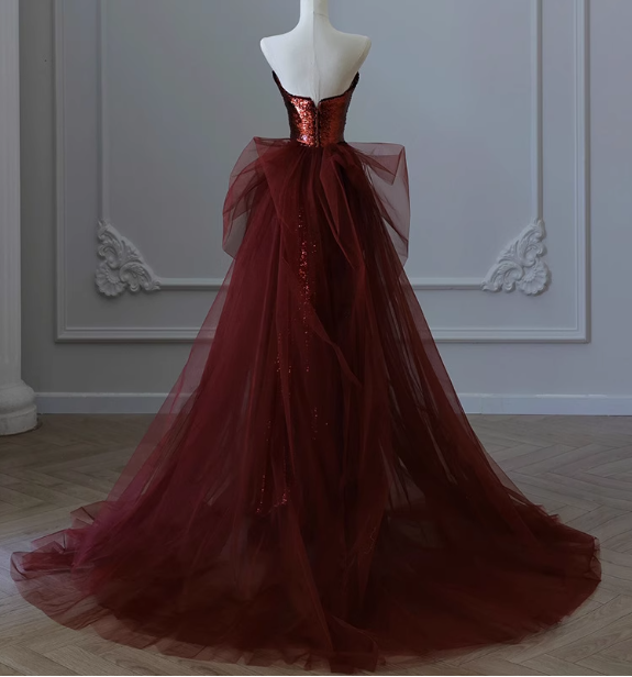 Vintage Burgundy Mermaid Strapless Tulle Sequined Train Formal Prom Dress