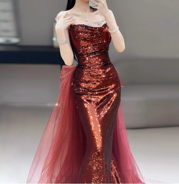 Vintage Burgundy Mermaid Strapless Tulle Sequined Train Formal Prom Dress