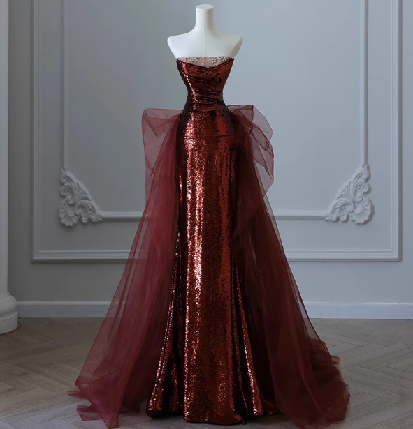 Vintage Burgundy Mermaid Strapless Tulle Sequined Train Formal Prom Dress
