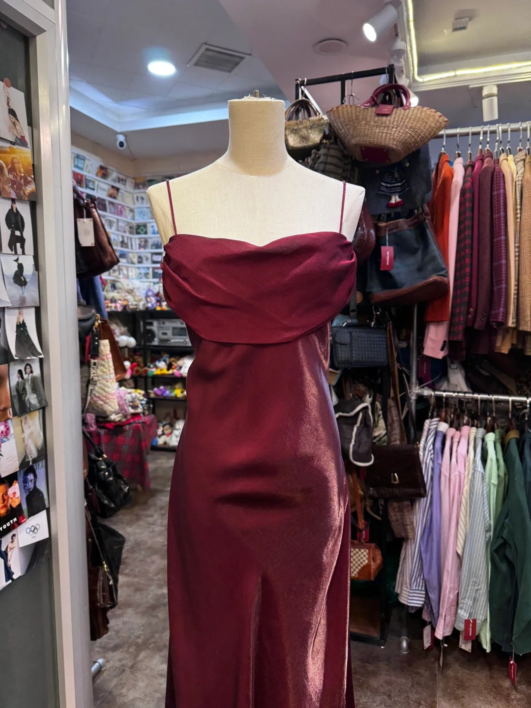 Vintage Burgundy Spaghetti Strap Halter Neck Satin Long Formal Prom Dress