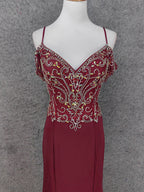 Vintage Burgundy Spaghetti Strap V-Neck Beaded Chiffon Long Formal Prom Dress